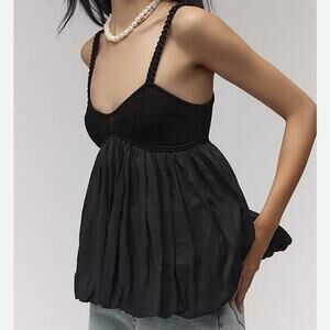 by Anthropologie Knit Swing Tank Top Sz XS Black Bubble Hem Boho Babydoll Flowy